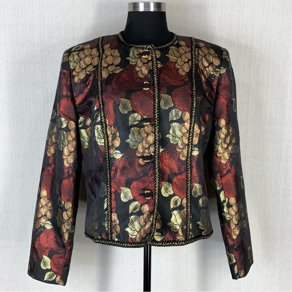 Doncaster~VTG 80s~Womens Cropped Red & Gold Metallic Button‎ Front Jacket~Sz 14